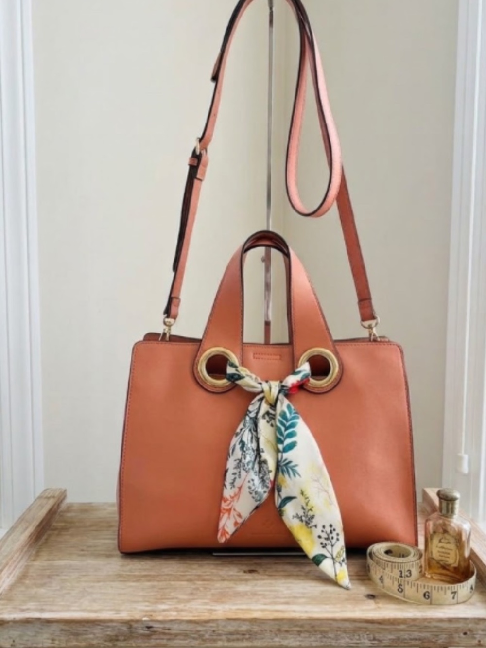 Nanette Lepore Coral Tote or Crossbody Bag Floral Scarf Gold Hardware